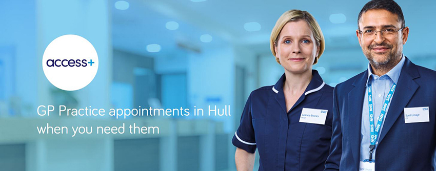 Access Plus poster showing doctor and nurse as trailer for weekend and evening appointments at three locations in the city of Hull